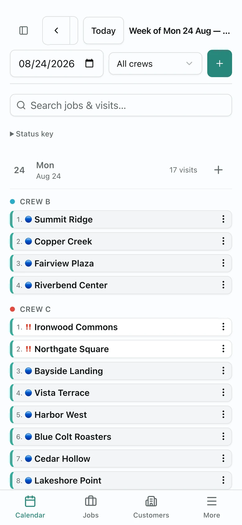The calendar on a phone: one day at a time, visits grouped under the crew that runs them.